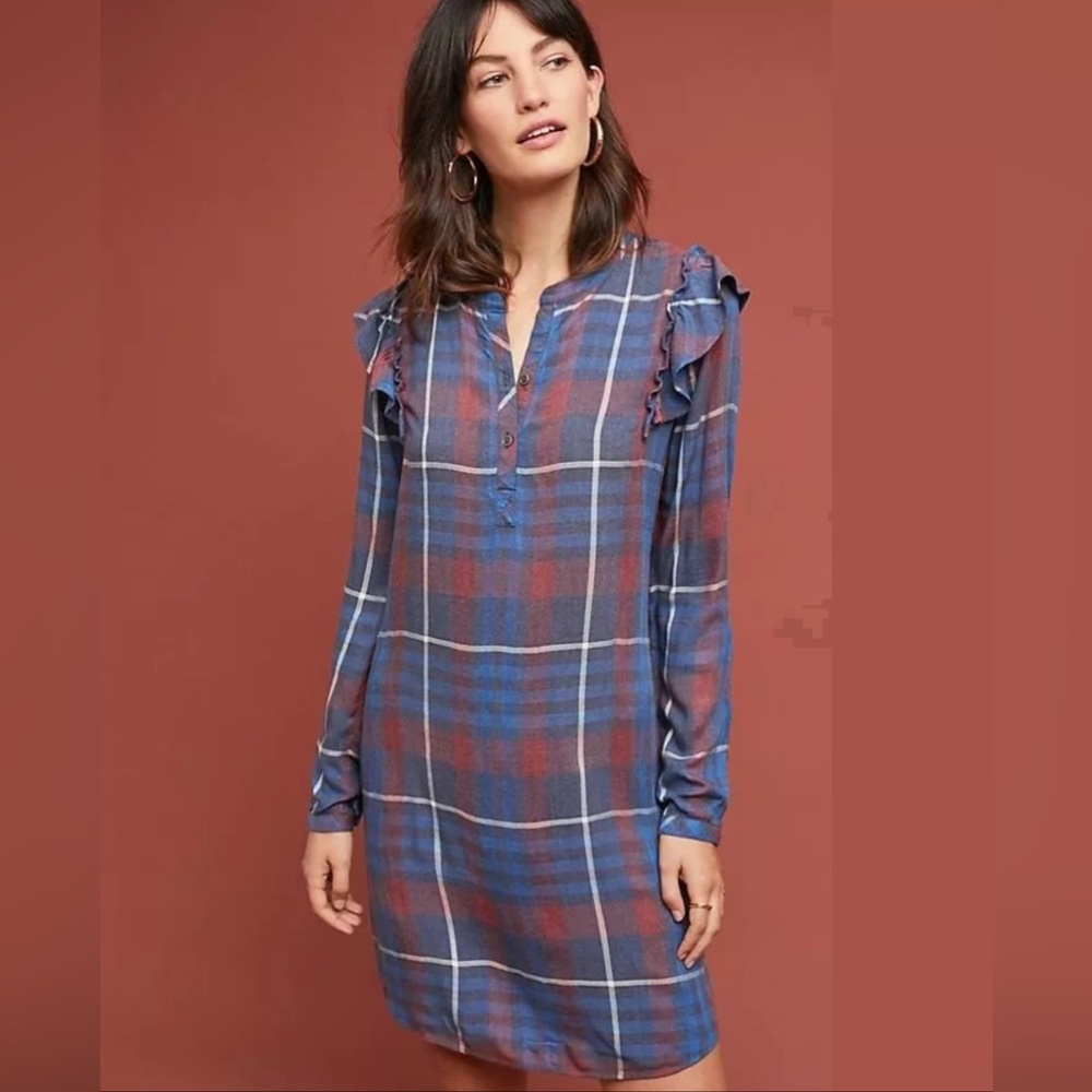 Anthropologie Cloth And Stone Plaid Ruffled Dress Long Sleeve Size XS